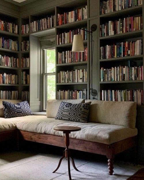 a living room filled with lots of books on top of a book shelf next to a window