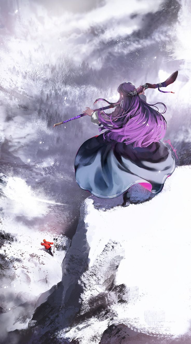 a woman flying through the air on top of a snow covered mountain