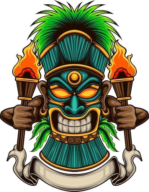 an illustration of a tiki mask holding two torches