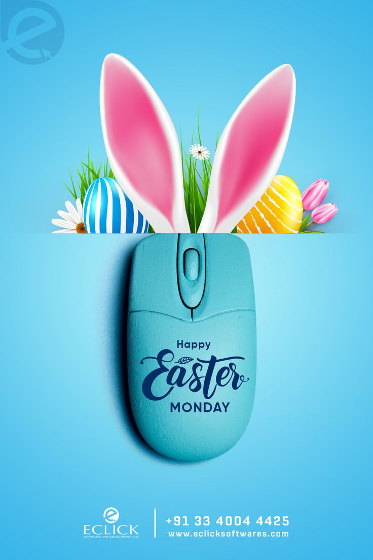 a computer mouse with easter eggs and bunny ears sticking out of it's side