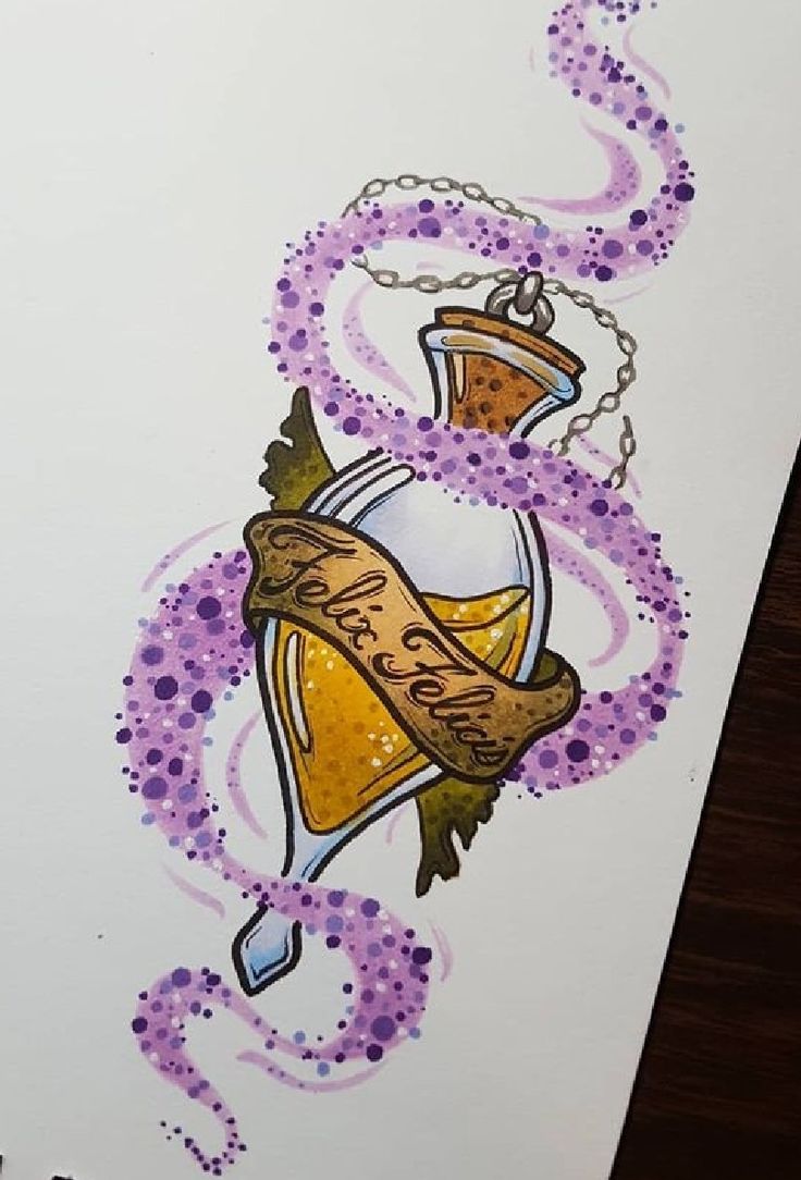 a drawing of a bottle with a chain around it