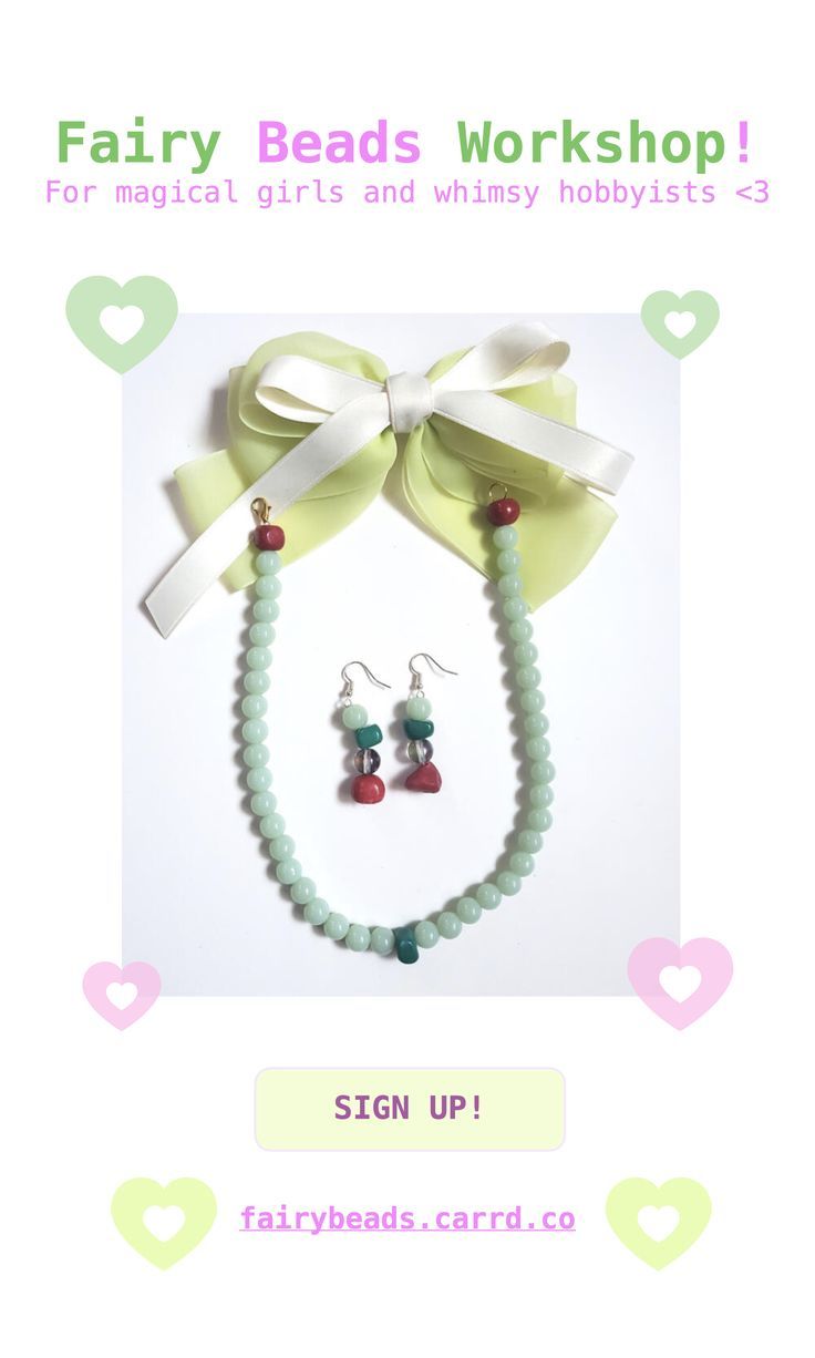 a necklace and earring set is shown with the words fairy beads workshop on it