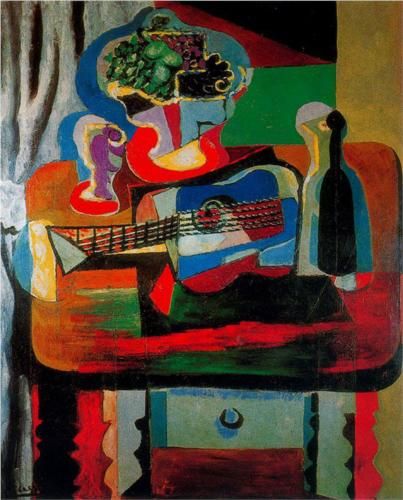 a painting with a guitar, vase and bottle on a table