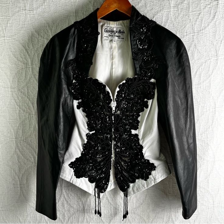 Giovinezza Moda By Rocco D’amelio Vintage Beaded Sequin Leather Jacket Small Good Used Condition No Flaws Found Except The Shoulder Pads Have Been Cut Out As You Can See No Other Flaws Found Very Soft Fine Leather Chest 18” Length 22” Oversized Puff Give This 80s Western Classic A Real Rodeo Queen Look Embellished Fitted Leather Jacket With Long Sleeves, Fitted Embellished Leather Jacket With Long Sleeves, Fitted Black Embellished Leather Jacket, Fitted Long Sleeve Embellished Leather Jacket, Elegant Fitted White Leather Jacket, 80s Western, Rodeo Queen, Rodeo, Shoulder Pads