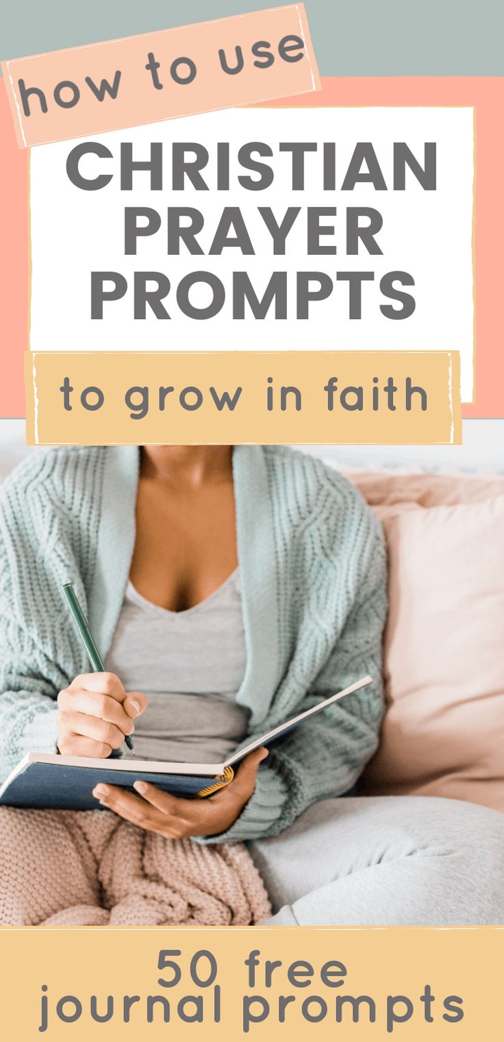 a woman sitting on a couch holding a book with the title how to use christian prayer prompts to grow in faith