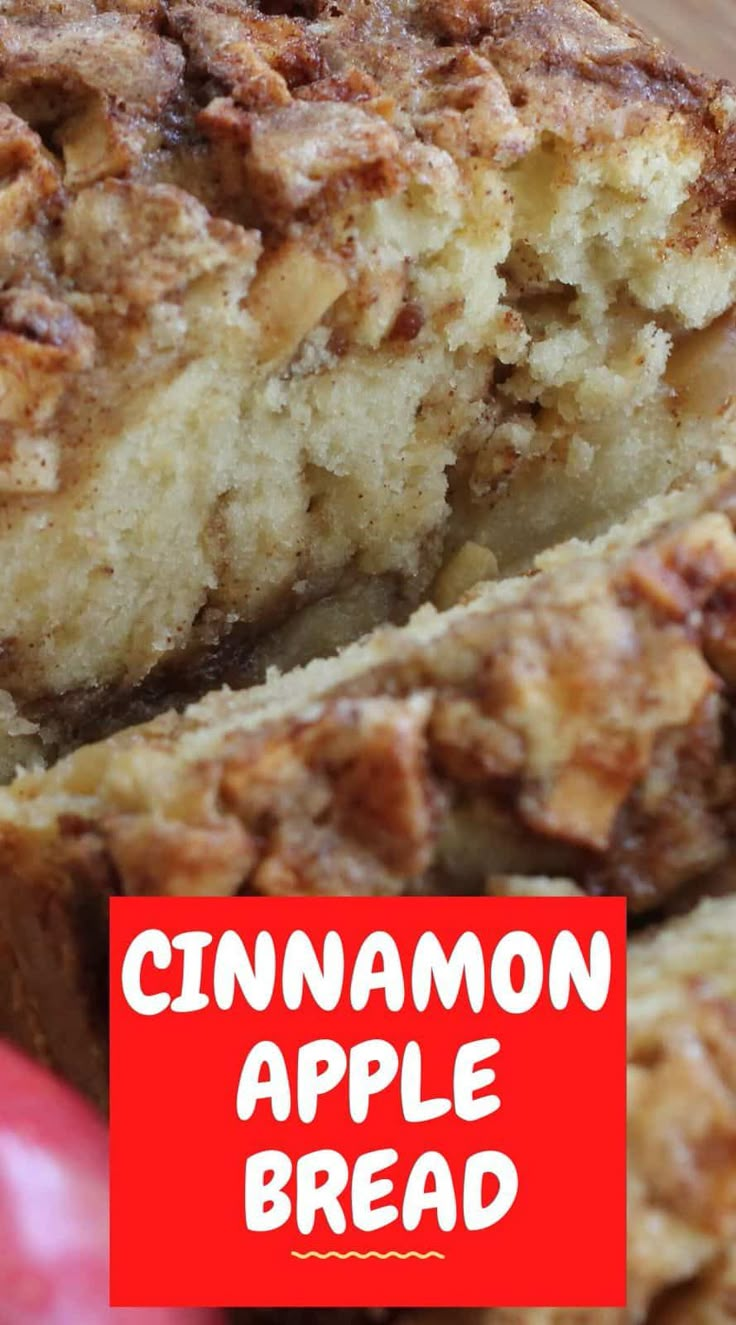 cinnamon apple bread cut into slices on a cutting board with the words cinnamon apple bread