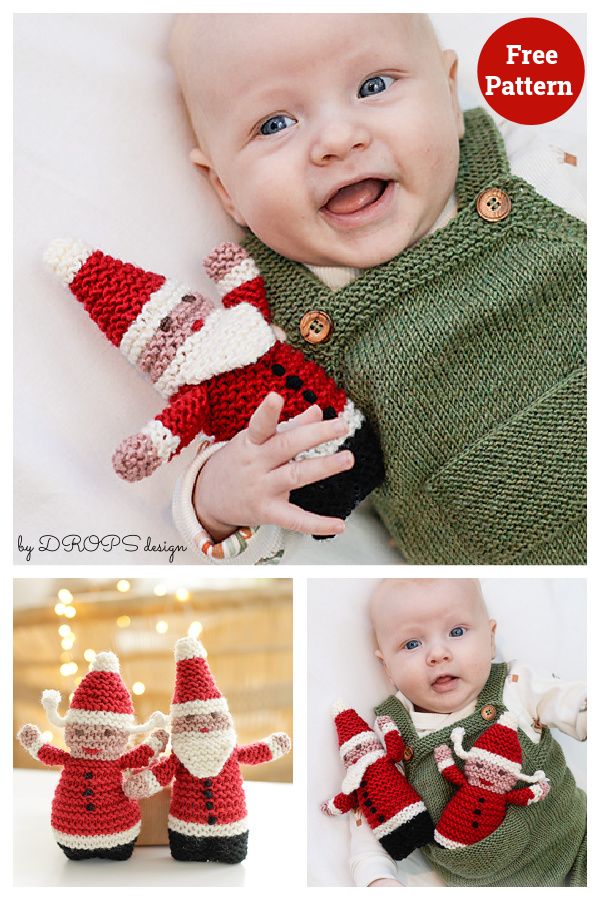 the baby is wearing a knitted santa hat and holding a crochet christmas ornament