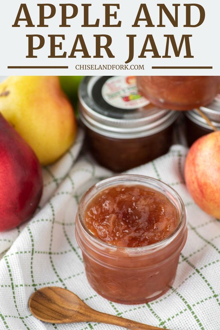 an apple and pear jam in a jar with apples around it