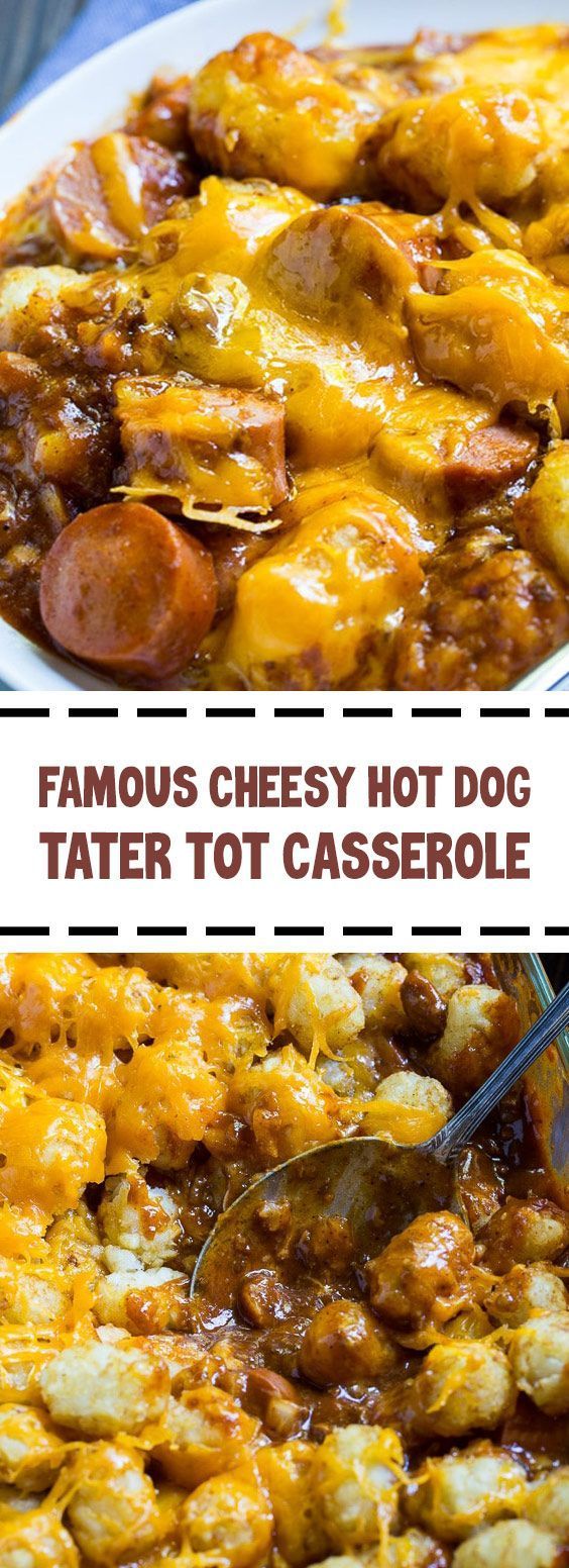 two pictures showing different types of food in a casserole dish with the words famous cheesy hot dog tater tot casserole