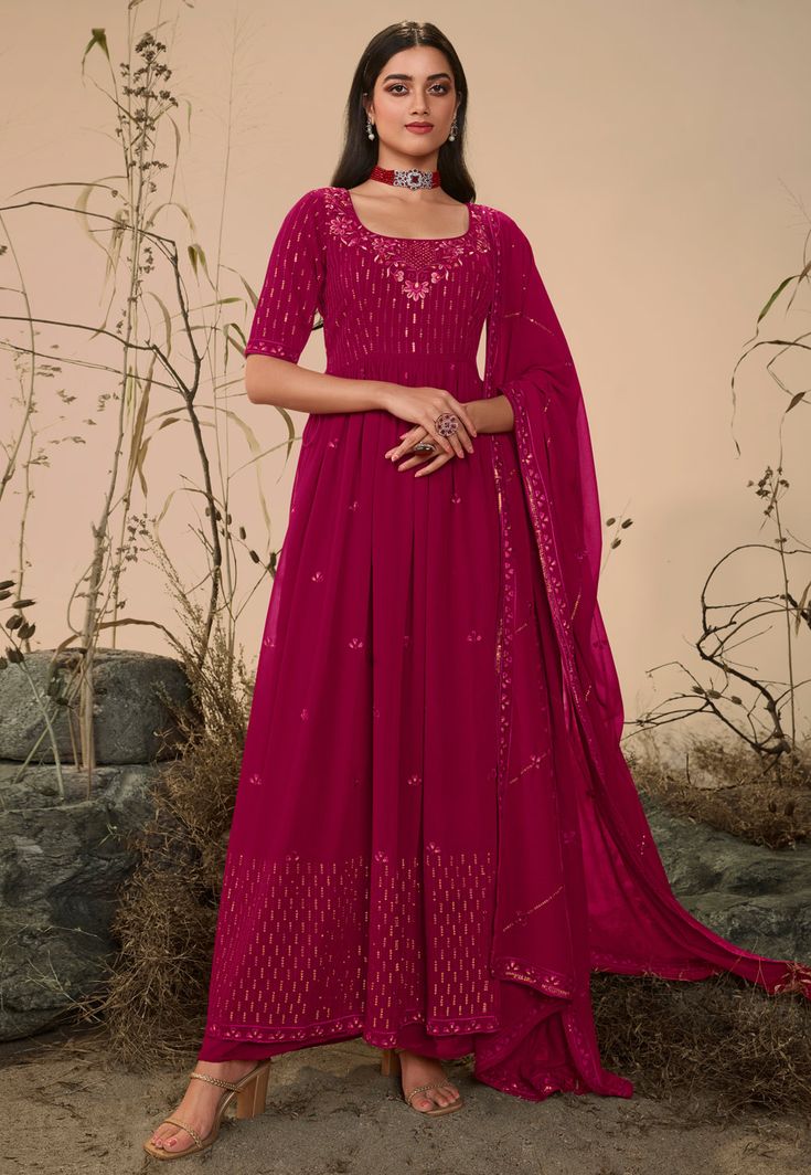 Georgette palazzo suit in Magenta colour 4825  Desc:  Style : Pakistani Salwar Kameez Color : Magenta Fabric : Georgette Work : Embroidery   Sequence Wash Care : Dry clean Sleeve Style : Half Sleeve Long Sleeves : Done only in Custom Stitch Sleeves Lining : Done only in Custom Stitch Bust Size : 32 to 42 Inches Occasion : Festival   Eid   Mehendi   Sangeet   Engagement   Reception   Ceremonial   Lohri   Vaisakhi. With Express Free Shipping and Custom Stitching, Buy Indian Party wedding and brida Magenta Kurti, Color Kurti, Georgette Palazzo, Dori Work, Embroidered Salwar, Pink Anarkali, Georgette Anarkali, Lehenga Gown, Georgette Dupatta