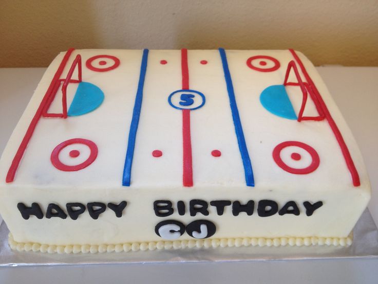 a birthday cake that is shaped like an ice hockey rink with the words happy birthday on it