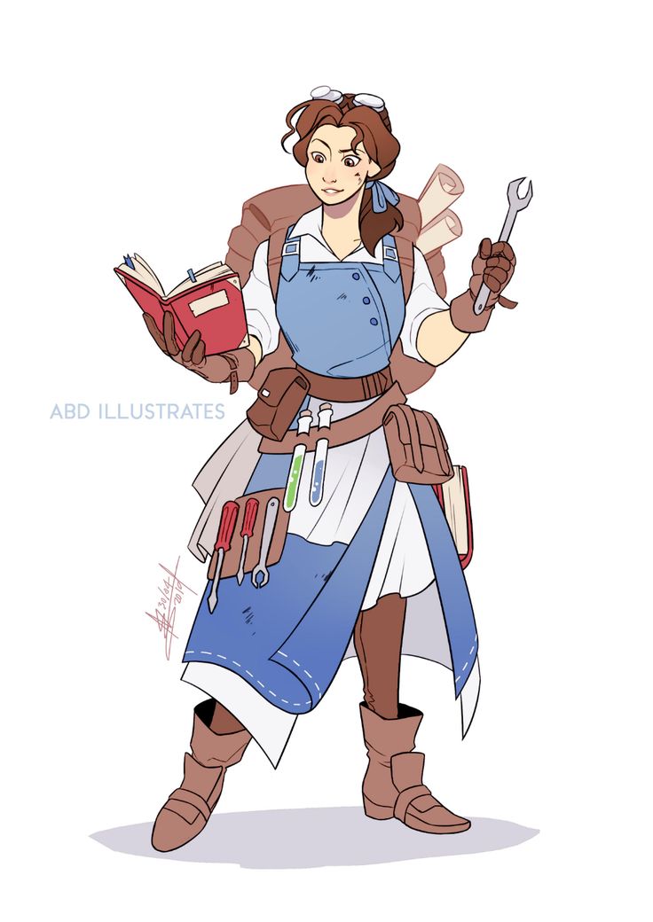 a woman in an apron holding a book and a wrench