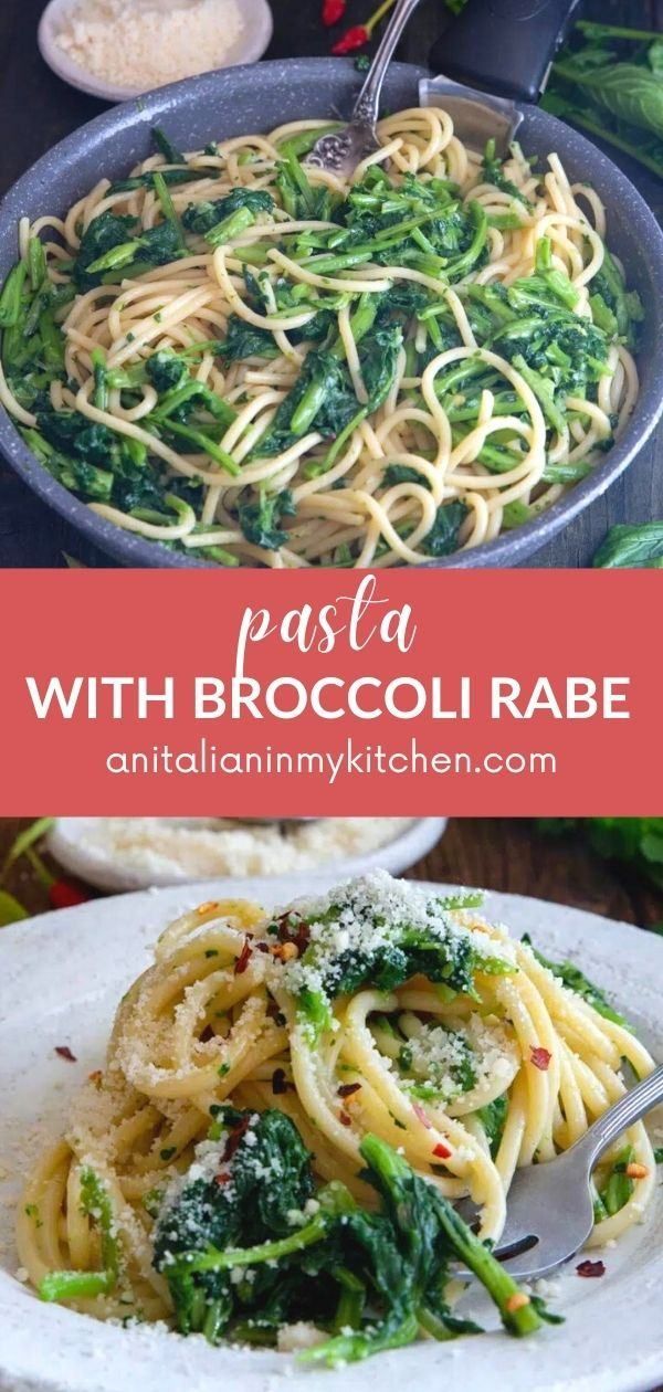 pasta with broccoli and parmesan cheese in a skillet on a table