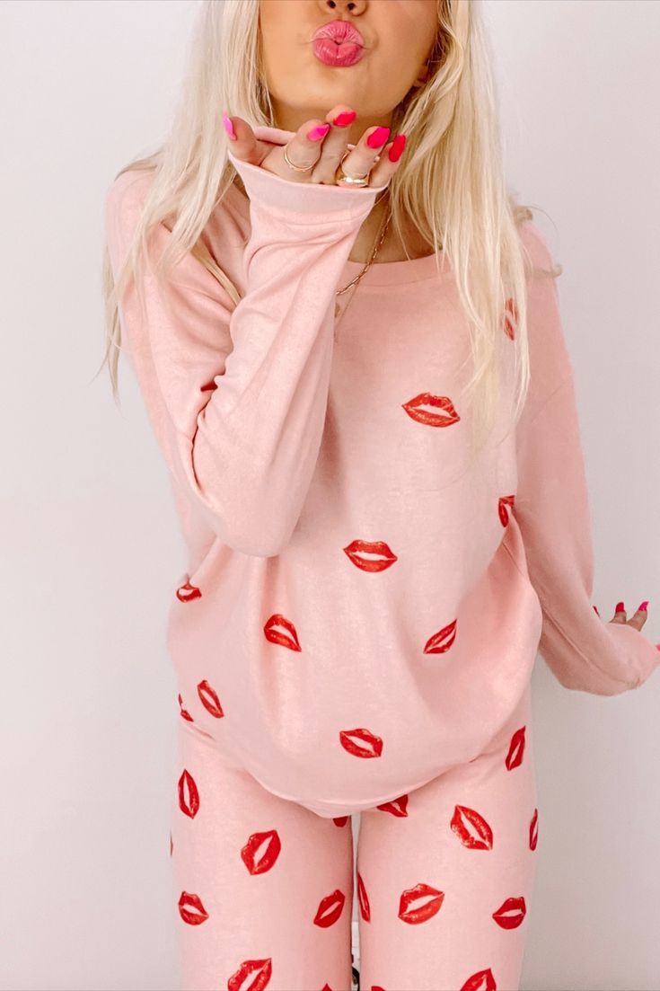 Kiss Kiss Lip Pajama Set from Sassy Shortcake Fun Cotton Tops For Pajama Party, Cute Graphic Print Long Sleeve Sets, Cute Graphic Print Sleep Tops, Cute Long Sleeve Sets With Graphic Print, Cute Graphic Print Tops For Sleep, Cute Cotton Tops For Lounging, Trendy Tops For Spring Sleepover, Playful Relaxed Fit Tops For Lounging, Casual Matching Set Tops For Sleepover