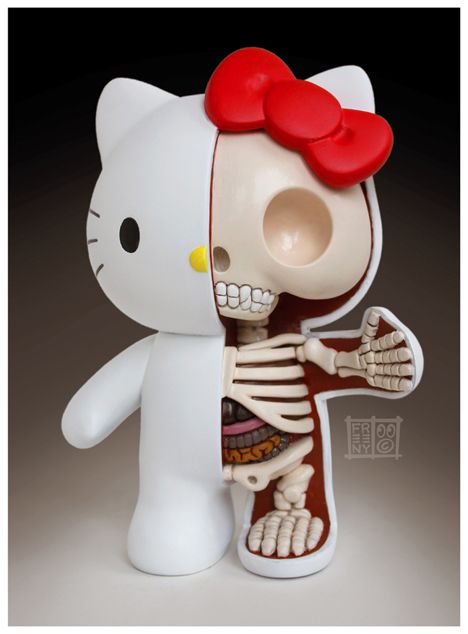 a skeleton and hello kitty figurine are posed together