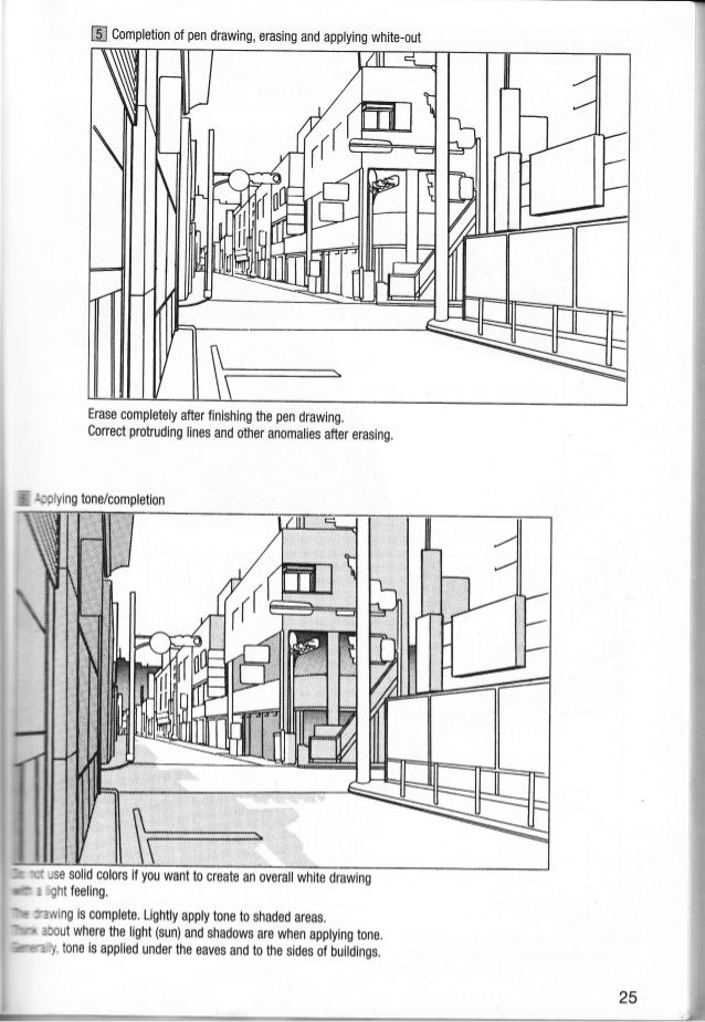 two drawings of an urban street with buildings in the background