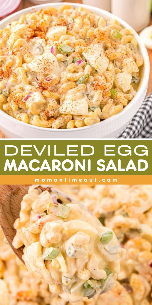 Your new favorite summer salad recipe! With a delicious balance of creamy, tangy, and crunchy, this easy deviled egg macaroni salad is a perfect side dish idea for BBQs, potlucks, and more. Put this cold pasta salad on your 4th of July food! Deviled Egg Macaroni Salad, Egg Macaroni Salad, Easy Macaroni Salad, Cold Pasta Salad Recipes, Best Macaroni Salad, Macaroni Salad Recipe, Cold Pasta Salad, Side Dishes For Bbq, Potluck Dishes