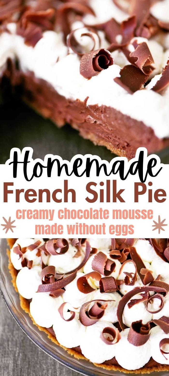 Homemade French silk pie with creamy chocolate mousse made without eggs. French Silk Pie No Raw Eggs, French Silk Pie No Eggs, Nutella Silk Pie, French Silk Pie Without Raw Eggs, Easy French Silk Pie Recipe Pudding, Eggless French Silk Pie, Eggless Chocolate Pie, French Silk Pie Graham Cracker Crust, French Silk Pie With Graham Cracker Crust