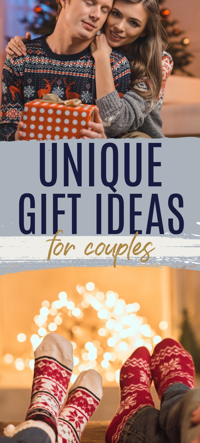 two people with christmas presents and the words unique gift ideas for couples