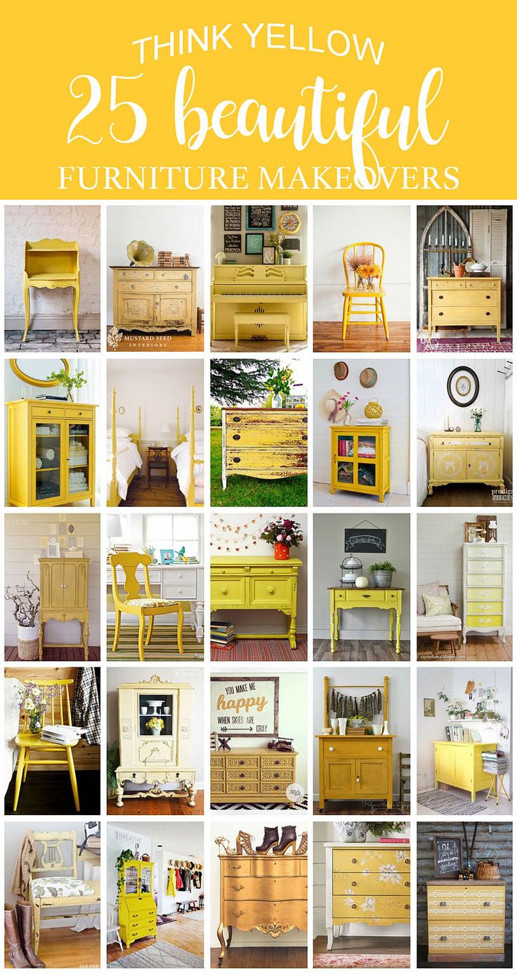 yellow furniture is featured in this collage with the words, think yellow 25 beautiful furniture makeovers