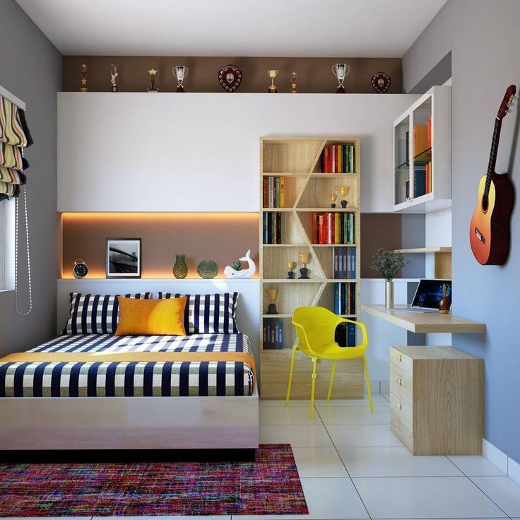 a bed room with a neatly made bed and a guitar on the wall above it