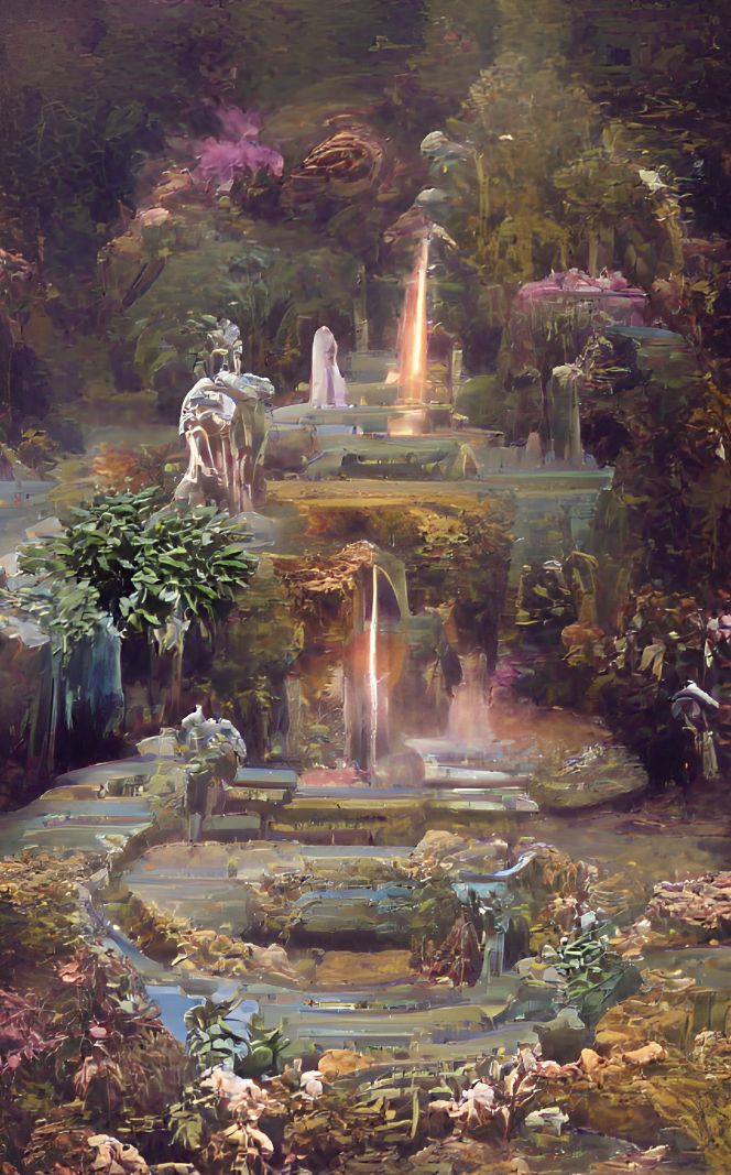 a painting of a fountain surrounded by trees and flowers with two people in the background