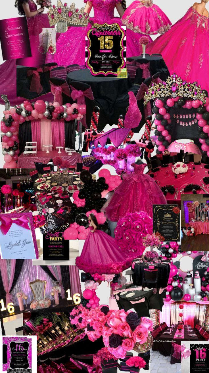 a collage of pink and black items including dresses, hats, hair accessories, and jewelry