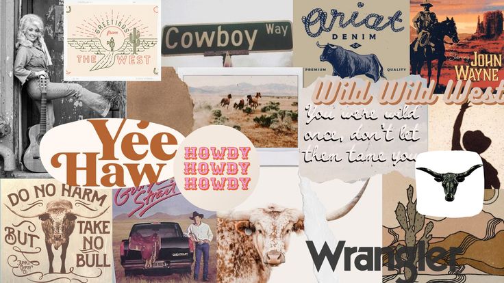 collage of old western posters and stickers in black and white, with an image of a cow