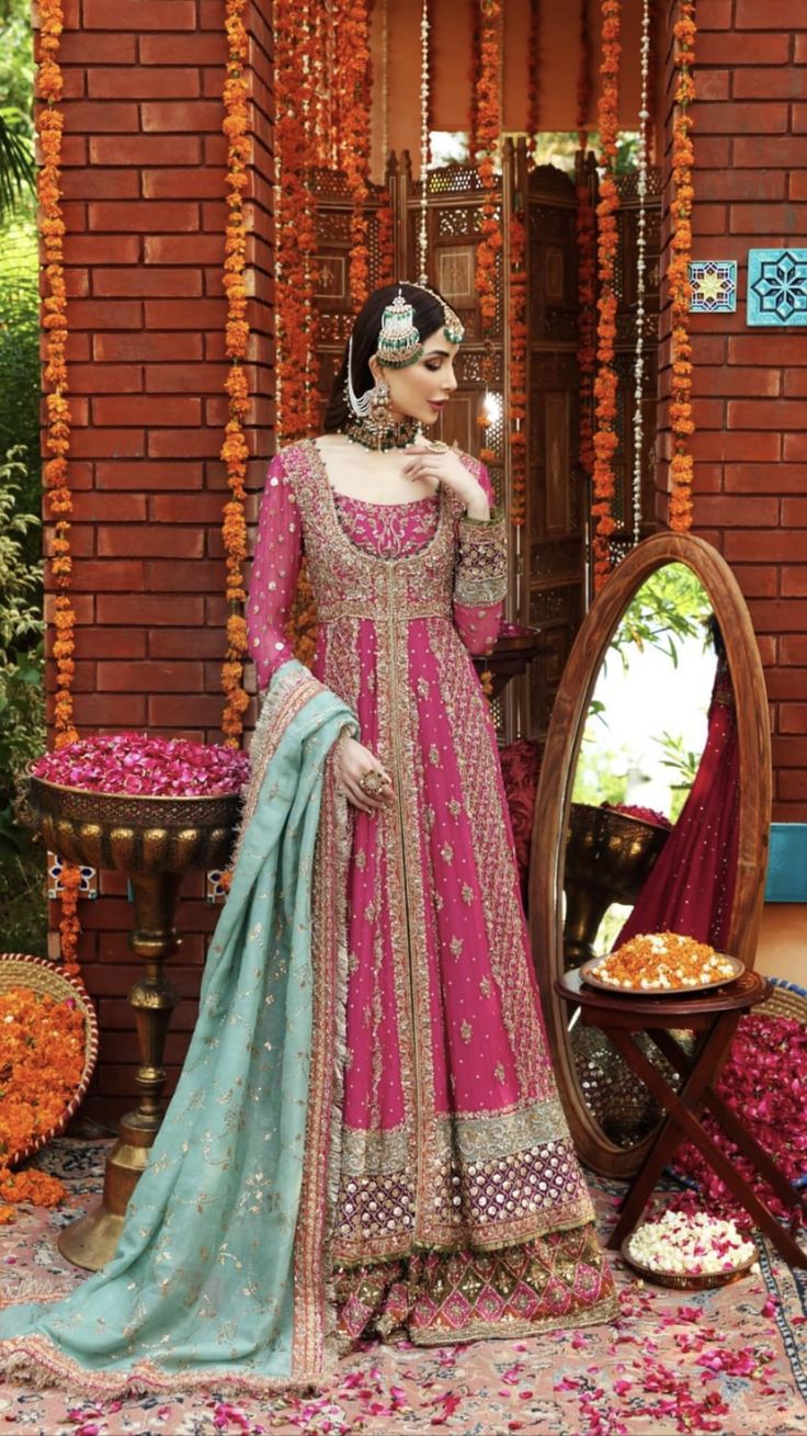 Mehndi Outfit Bridal, Cerise Color, Embroidered Outfit, Orange Lehenga, Pakistani Party Wear Dresses, Anarkali Dresses, Mehndi Dress, Mehendi Outfits, Desi Wedding Dresses