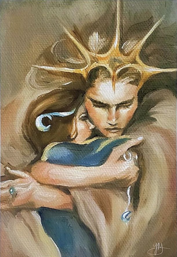 a painting of a man hugging a woman with the sun on her head and hands behind him