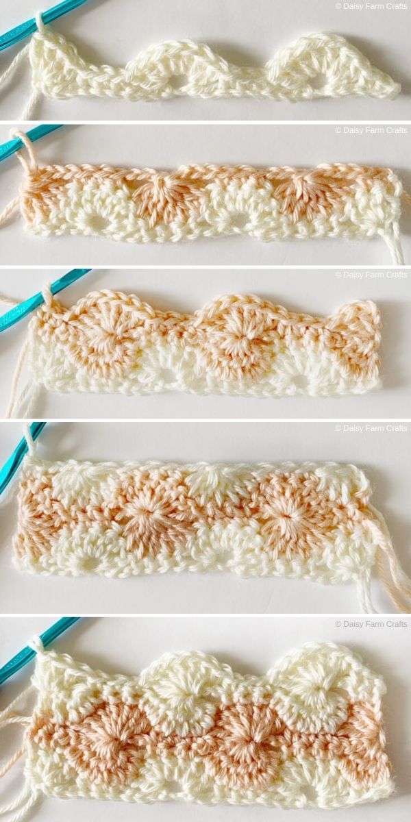 four crocheted pieces of yarn are shown in three different rows, one is white and the other is orange