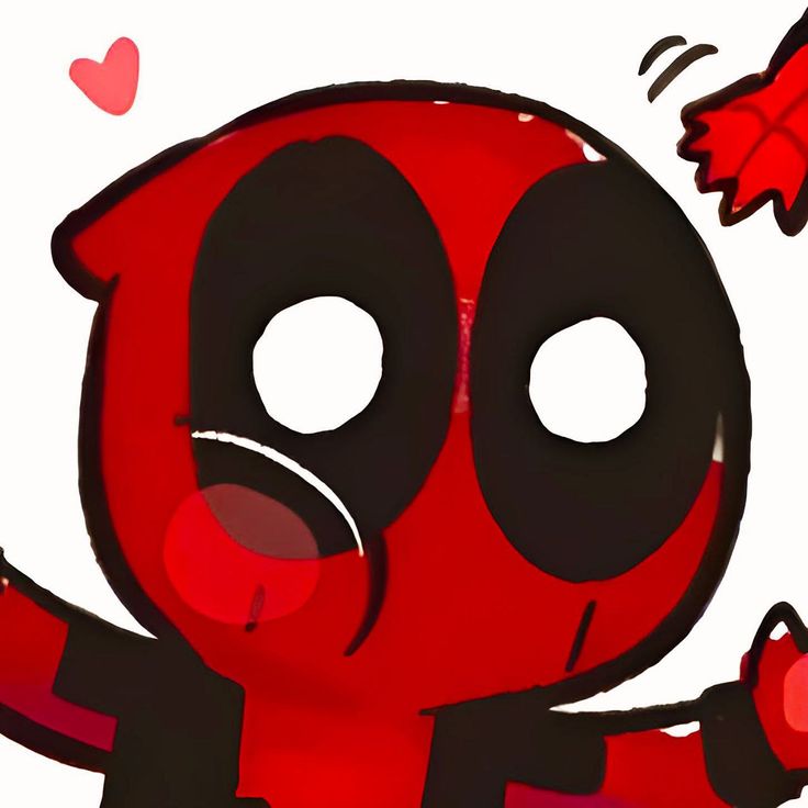 a cartoon deadpool character holding a red leaf and pointing to it's left side