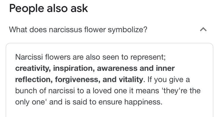 a screenshot of a text message that reads people also ask what does narcissus flower symbolize?