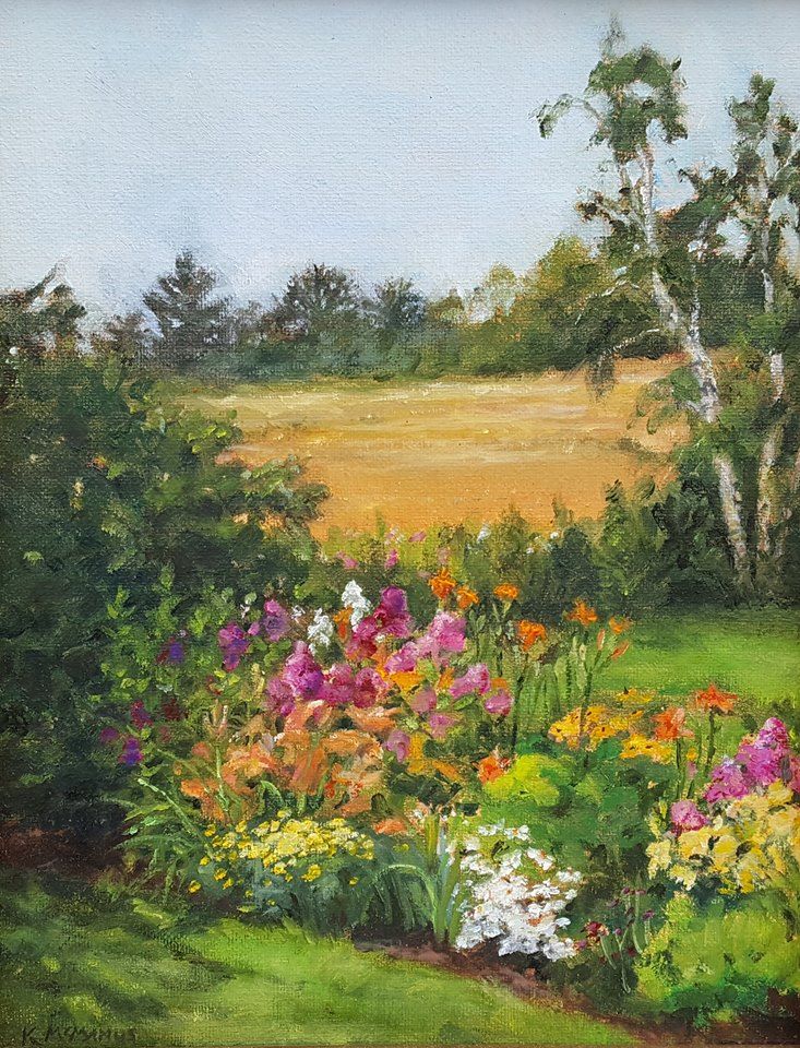 an oil painting of flowers in a garden with trees and grass behind it on a sunny day