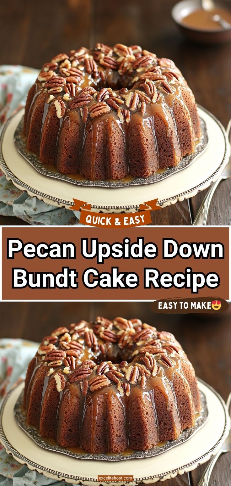 pecan upside down bundt cake recipe on a platter with text overlay