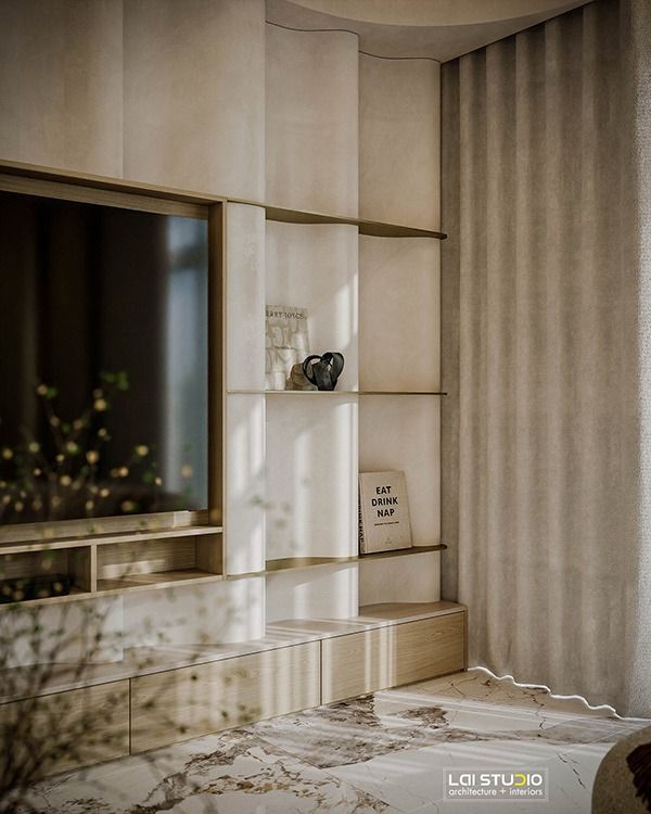 an empty room with a large window and some shelves on the wall next to it