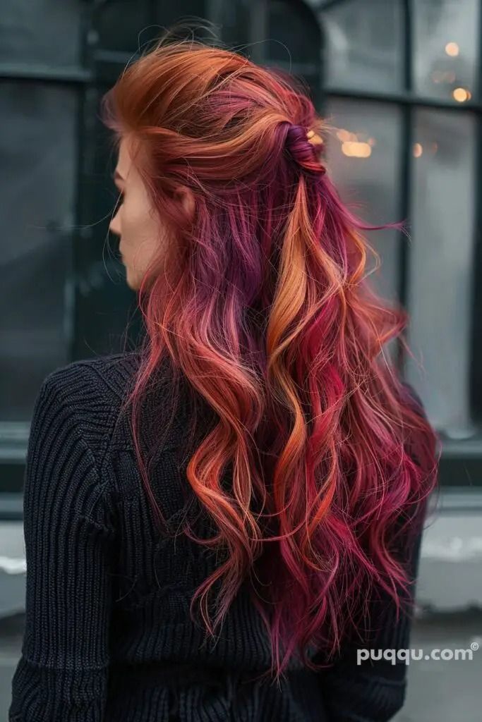 Sunset Hair Color, Brunette Hair Color Ideas, Sunset Hair, Rambut Brunette, Vivid Hair Color, Hairstyle For Men, Colors Hair, Creative Hair Color, Balayage Brunette