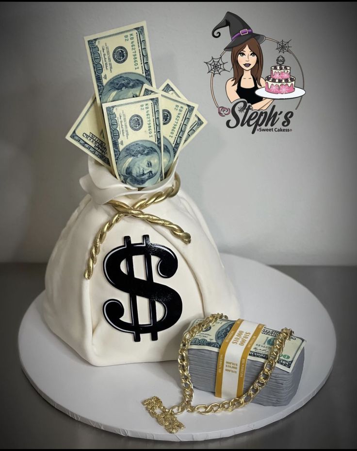 a cake with money in a bag on top of it