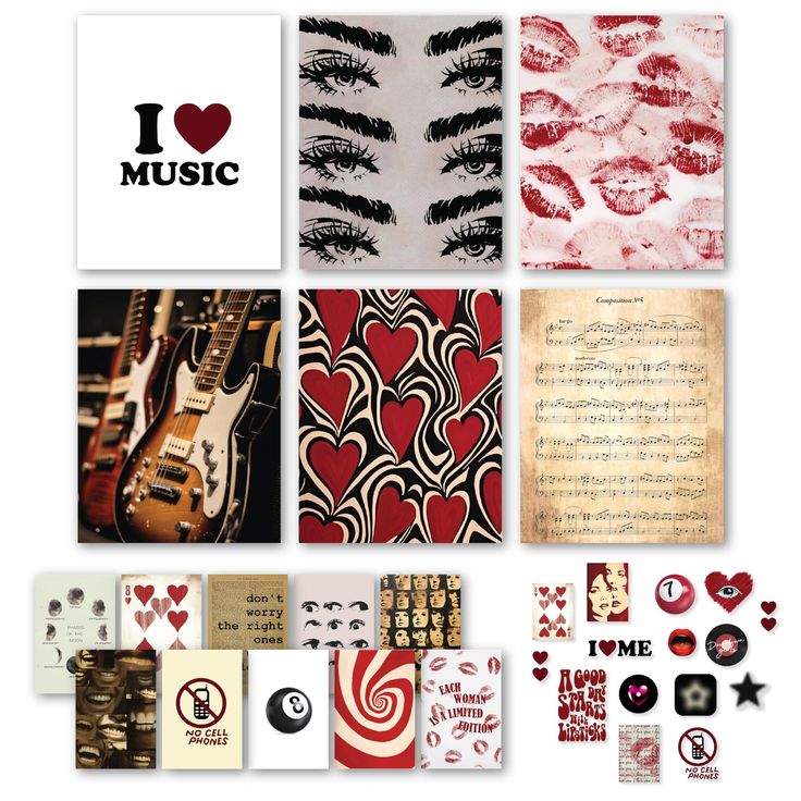 the collage has many different designs and colors on it, including red, white, and black