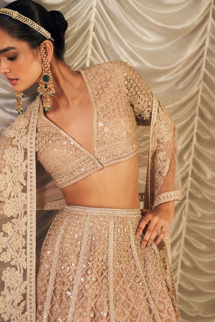 Exude opulence in the champagne net embroidered blouse, paired with a matching net embroidered lehenga and dupatta. The blouse features intricate embroidery in a soft champagne hue, offering a subtle yet luxurious sparkle. The lehenga, crafted from the same elegant net fabric, is richly embellished to complement the blouse. The net embroidered dupatta completes the look with its delicate, ethereal charm, making this ensemble perfect for any grand occasion. Beige Lehenga With Intricate Embroidery, Traditional Beige Lehenga With Intricate Embroidery, Traditional Drape Lehenga With Intricate Embroidery, Festive Beige Lehenga With Intricate Embroidery, Traditional Drape Beige Embroidered Lehenga, Beige Lehenga With Zari Work For Reception, Glamorous Anarkali Set With Intricate Embroidery For Reception, Beige Choli With Resham Embroidery For Reception, Beige Lehenga With Traditional Drape For Designer Wear