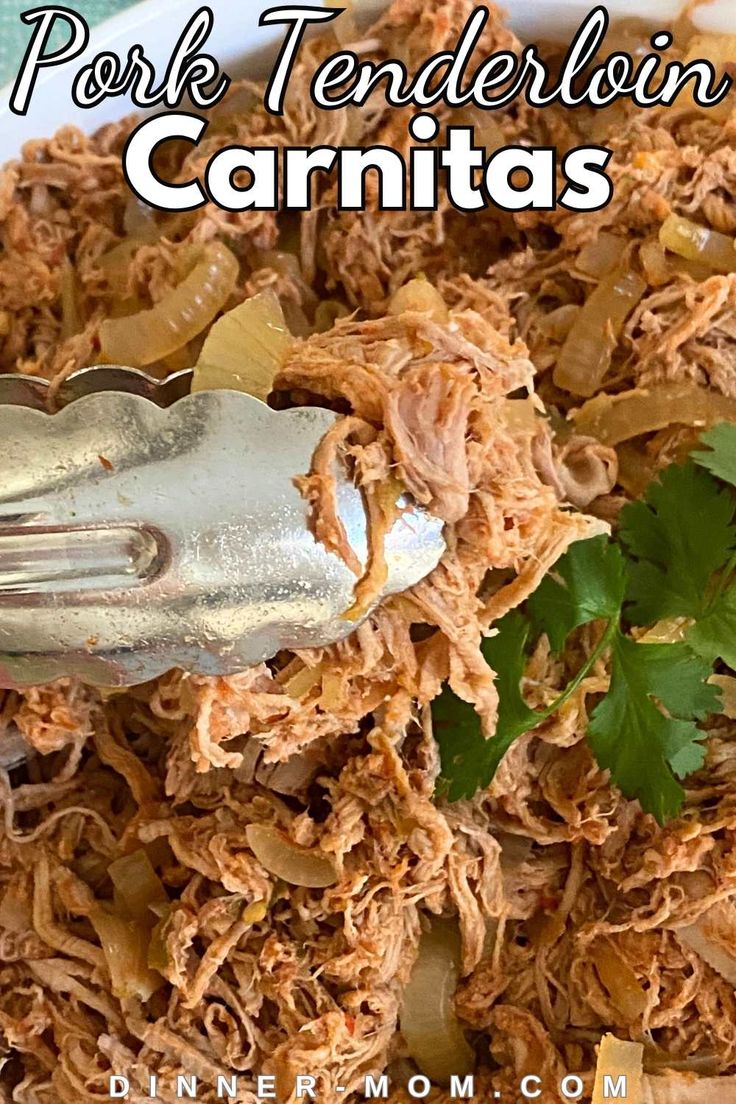 a white plate topped with shredded pork and garnished with cilantro leaves