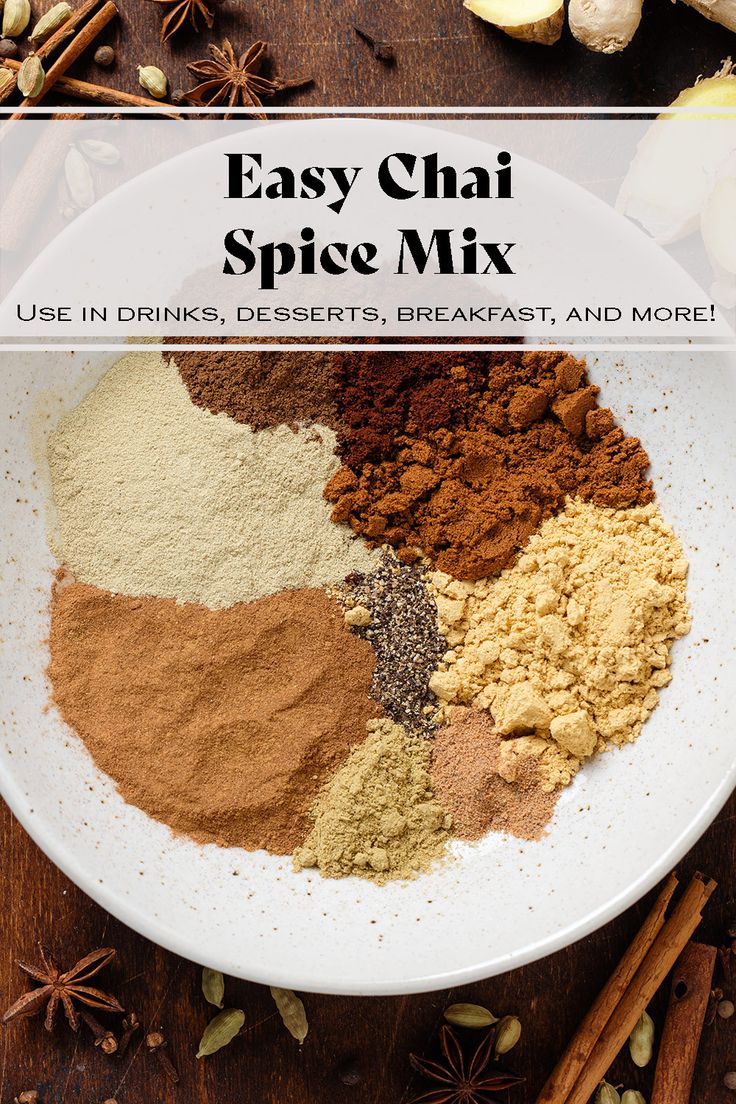 the ingredients for easy chai spice mix in a white bowl