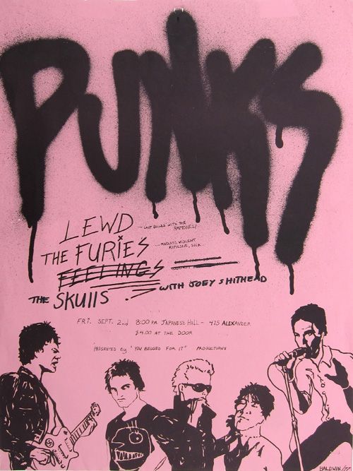 the punks poster is shown in black and pink with spray paint on it's side