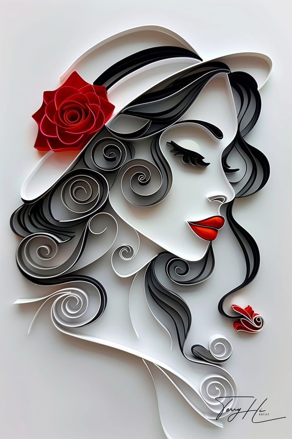 a woman with a red rose in her hair is made out of paper and cut into the shape of a face