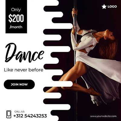 an advertisement for a dance company with a woman in white dress on a pole and the words, dance like never before join now