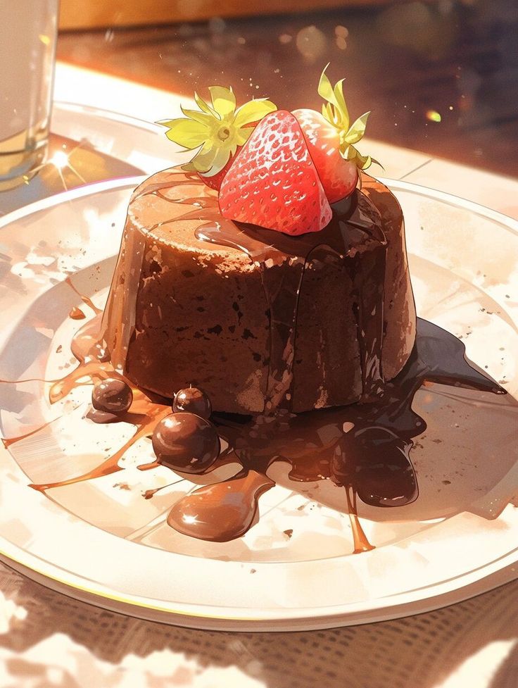 a piece of chocolate cake on a plate with strawberries and chocolate sauce drizzled over it