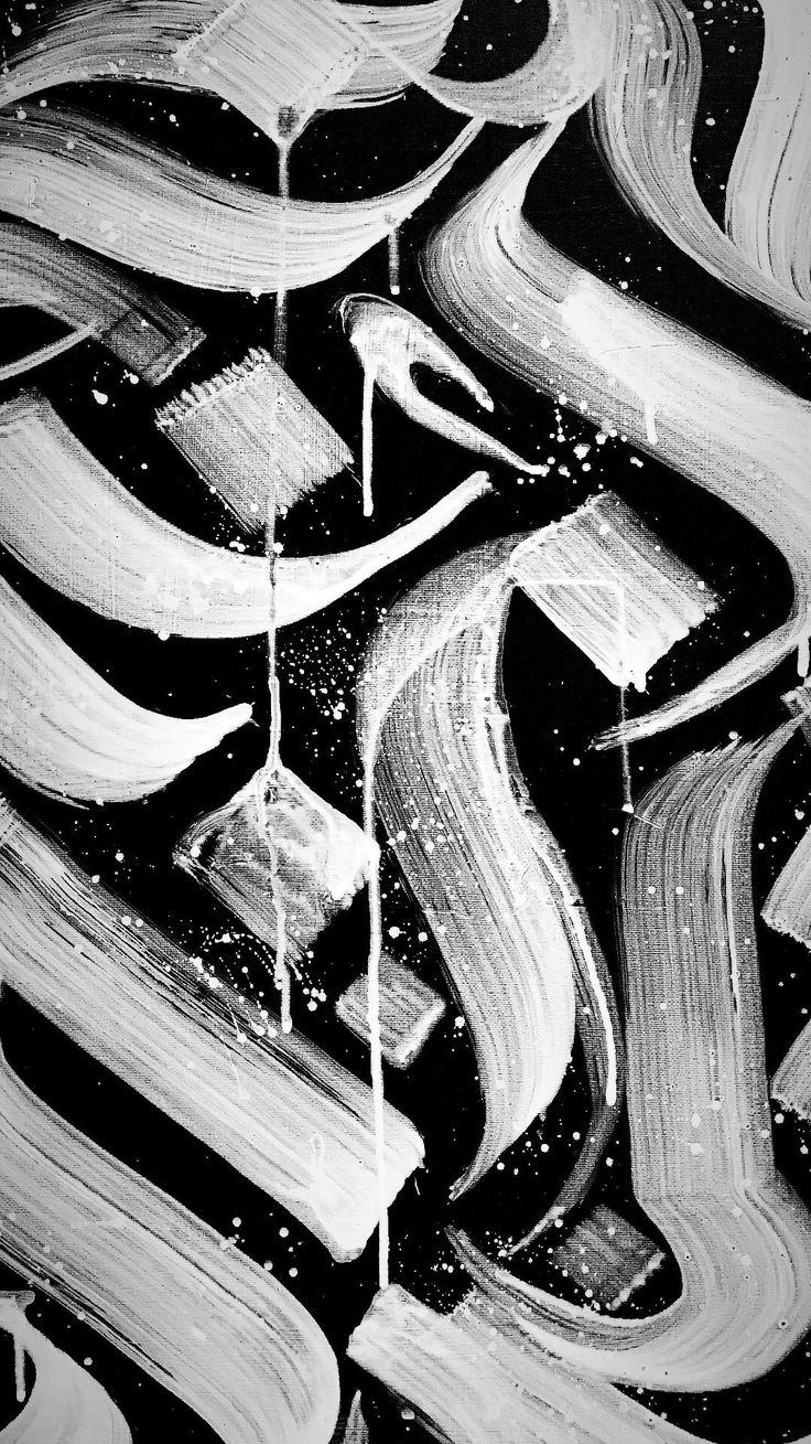 an abstract painting with white and black lines in the center, on a black background