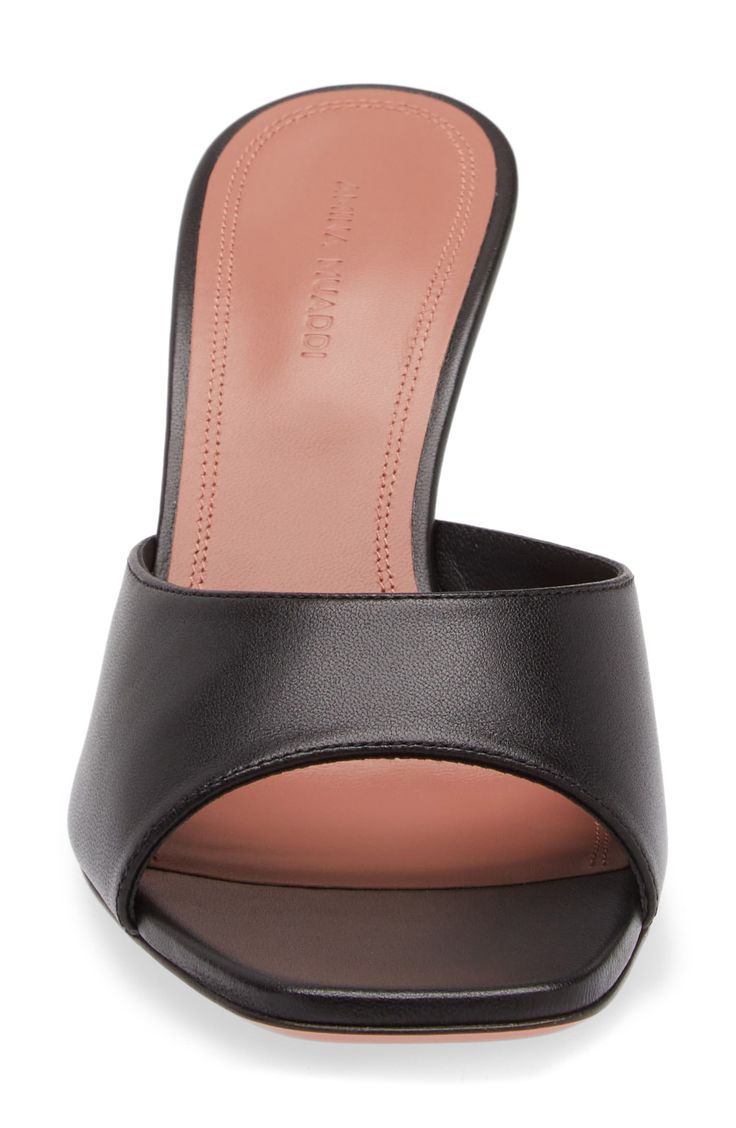 Perched on a signature flared heel, this square-toe Italian slide sandal with an easy silhouette is an all-out glamorous look. 2 3/4" (70mm) heel Leather upper and lining/leather and synthetic sole Made in Italy Designer Shoes Formal Mules With Sculpted Heel And Single Toe Strap, Sleek Square Toe Sandals With Deep Heel Cup, Designer Open Toe Slides For Evening, Evening Mules With Deep Heel Cup And Low Heel, Chic Cocktail Mules With Single Toe Strap, Classic Evening Mules With Wrapped Heel, Fitted Evening Mules With Branded Heel Counter, Elegant Black Slides For Evening, Elegant Party Slides