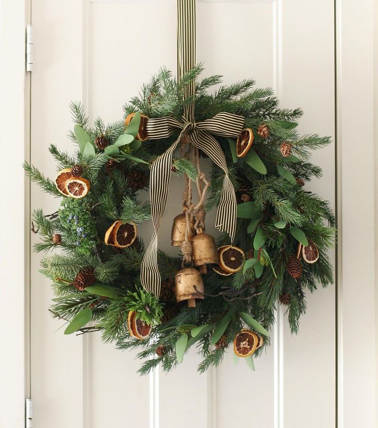 a wreath with bells hanging on the front door