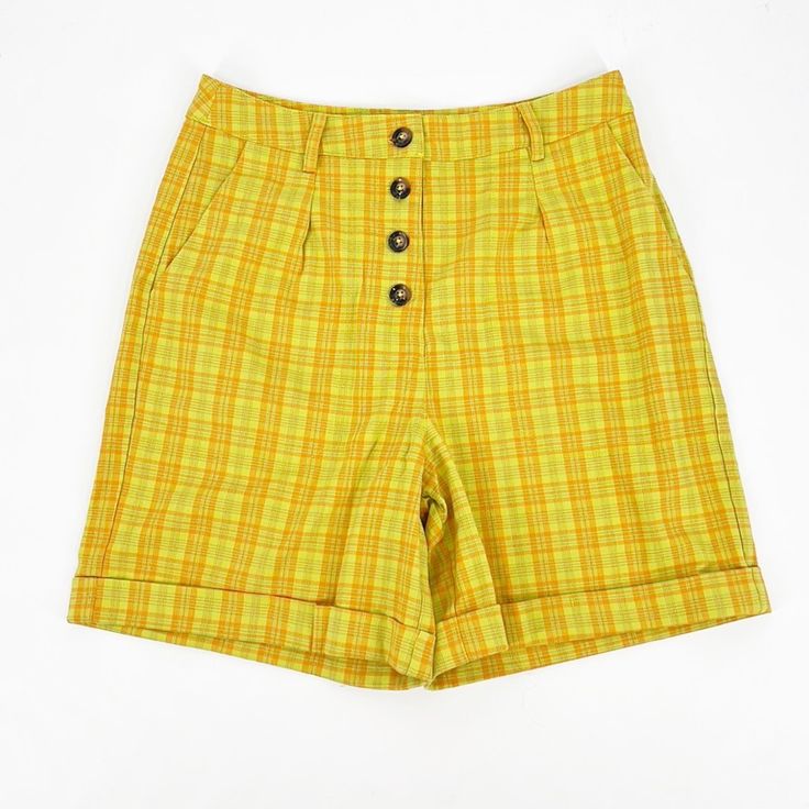 New With Tags Saint Geraldine Shorts Size Medium Yellow High Waist Fitted Shorts, Yellow Cotton Bottoms For Spring, Yellow Bottoms With Built-in Shorts, Trendy Yellow Cotton Shorts, Trendy Yellow Shorts For Spring, Casual Yellow High-waisted Shorts, Mustard Cotton Pants For Summer, Fitted Yellow Bottoms Short Length, Fitted Yellow Short Bottoms